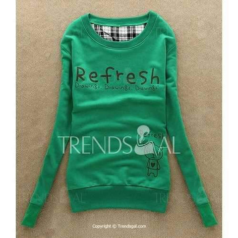 Cute Scoop Neck Long Sleeve Print Sweatshirt For Women - Green One Size