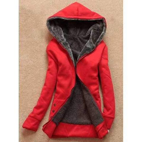 Stylish Long Sleeves Solid Color Flocking Hooded Hoodie For Women - Red One Size