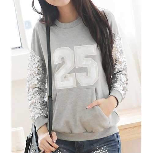 Stylish Round Neck Sequined Letter Pattern Long Sleeve Women's Sweashirt - Gray Xl