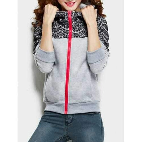 Fashionable Lace Splicing Zippered Long Sleeve Women's Hoodie - Gray L