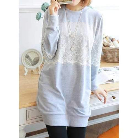 Stylish Jewel Neck Lace Splicing Button Decorated Long Sleeve Women's Sweatshirt - Gray One Size(fit Size Xs To M)