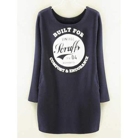 Casual Scoop Neck Letter Pattern Flocking Long Sleeve Women's Dress - Cadetblue One Size(fit Size Xs To M)