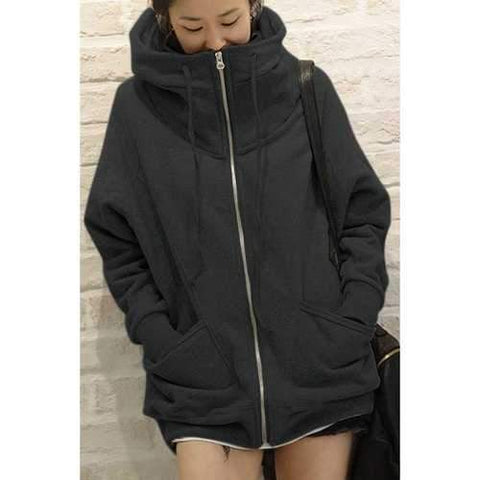 Casual Solid Color Loose-Fitting Zippered Long Sleeve Women's Hoodie - Black One Size(fit Size Xs To M)