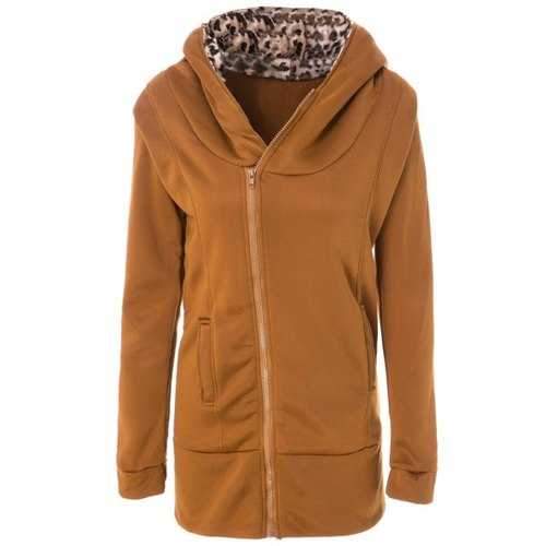 Stylish Long Sleeve Leopard Zippered Women's Hoodie - Earthy L