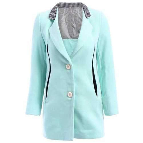 Trendy Style Lapel Neck Long Sleeve Houndstooth Splicing Worsted Women's Coat - Azure S