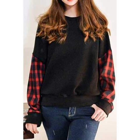 Casual Jewel Neck Checked Splicing Long Sleeve Women's Sweatshirt - Black One Size(fit Size Xs To M)