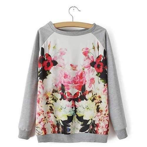 Fashionable Round Neck Long Sleeve Floral Print Sweatshirt For Women - L