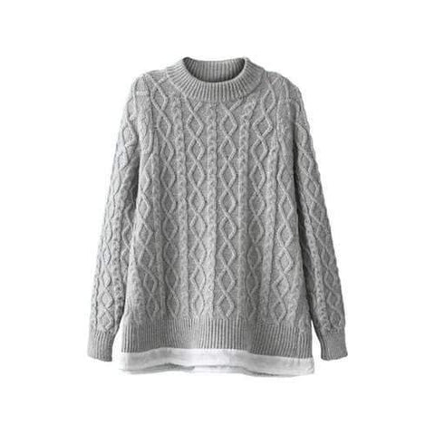 Fashionable Round Neck Splicing Argyle Solid Color Long Sleeve Sweater For Women - Gray One Size(fit Size Xs To M)