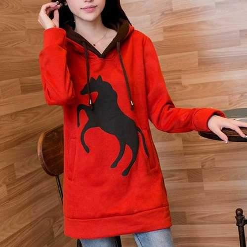 Casual Hooded Long Sleeve Pony Pattern Women's Hoodie - Red L