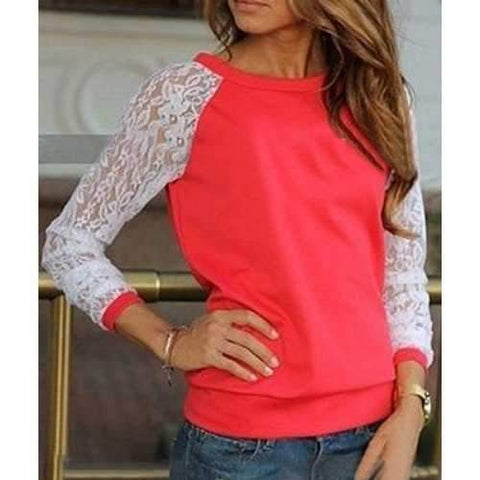 Stylish Round Neck Long Sleeve Spliced See-Through Women's Sweatshirt - Red S