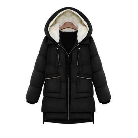 Casual Style Hooded Long Sleeve Solid Color Zipper Pockets Women's Coat - Black L