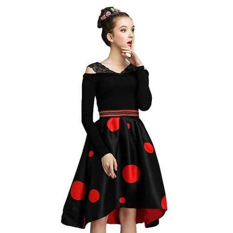 Trendy Style High Waisted Polka Dot Print High-low Hem Women's Skirt - Black S