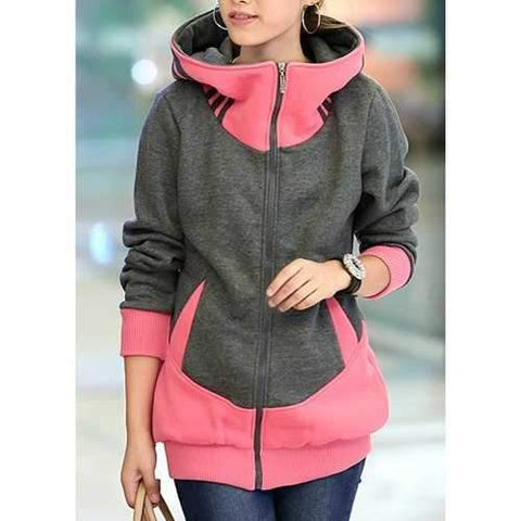 Stylish Zippered Long Sleeve Color Block Hoodie For Women - Pink M