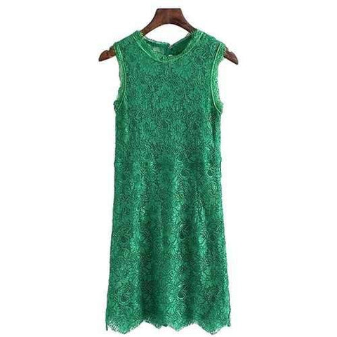 Stylish Round Collar Sleeveless Solid Color Lace Bowknot Back Women's Sundress - Green L