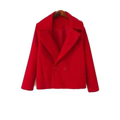 Simple Style Lapel Collar Long Sleeve Solid Color Worsted Women's Coat - Red S