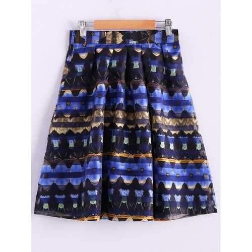 Fashionable High Waisted Retro Floral Print A-Line Women's Skirt - Blue S