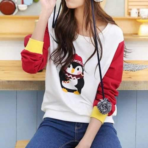 Cute Jewel Neck Long Sleeves Color Splicing Cartoon Print Sweatshirt For Women - Red One Size(fit Size Xs To M)