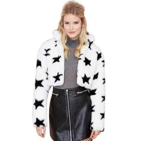 Trendy Style Long Sleeve Star Pattern Faux Fur Women's Jacket - White S