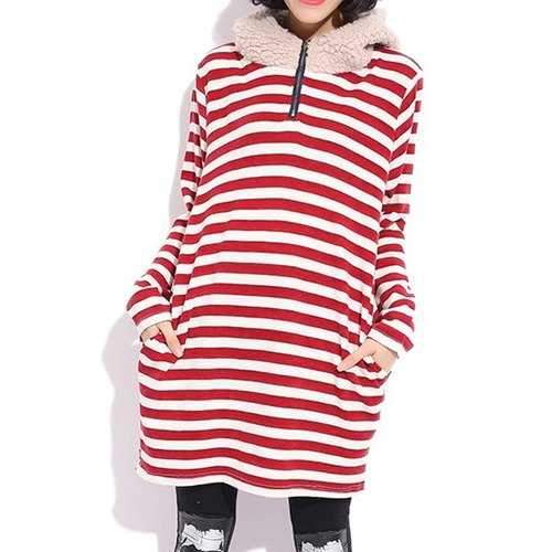 Casual Striped Long Edition Long Sleeve Women's Hoodie - Red One Size(fit Size Xs To M)