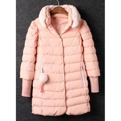 Ladylike Detachable Stand Collar Pink Long Sleeve Coat For Women - Pink L