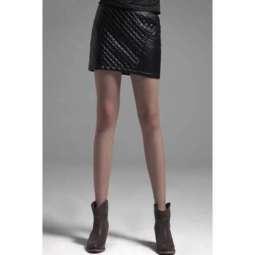 Stylish High Waisted Black PU Leather Argyle Women's Pencil Skirt - Black S