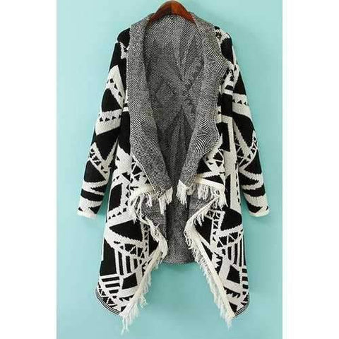 Stylish Turn-Down Collar Long Sleeve Geometric Pattern Fringe Women's Cardigan - White S