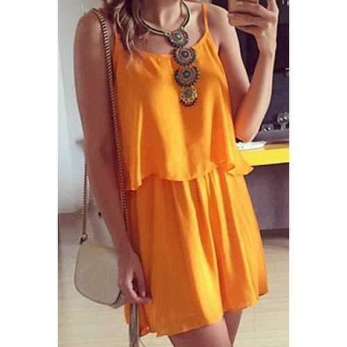 Sexy Spaghetti Strap Sleeveless Solid Color Tank Top + Elastic Waist Skirt Women's Twinset - Orange S