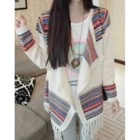 Stylish Colorful Striped Tassel Splicing Long Sleeve Women's Cardigan - White One Size(fit Size Xs To M)