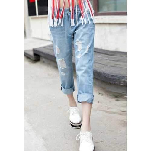 Street Style Button Fly Broken Hole 3/4 Harem Jeans For Women - Light Blue 29