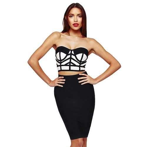 Sexy Strapless Crop Top and Solid Color Bandage Skirt Women's Suit - Black Xs