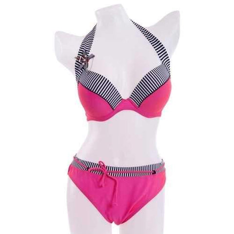 Sexy Halter Striped Splicing Women's Bikini Set - Plum L