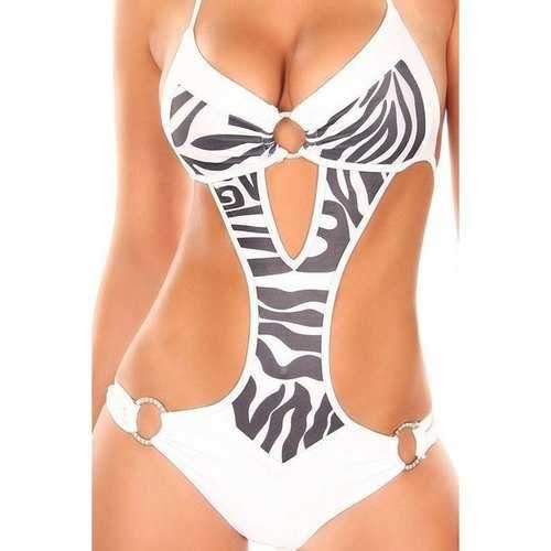 Stylish Halter Zebra Print One-Piece Women's Swimwear - White S