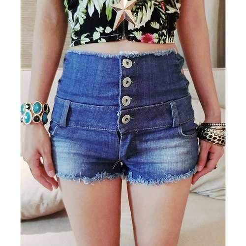 Retro Style Bleach Wash High-Waisted Fringed Denim Shorts For Women - Light Blue M