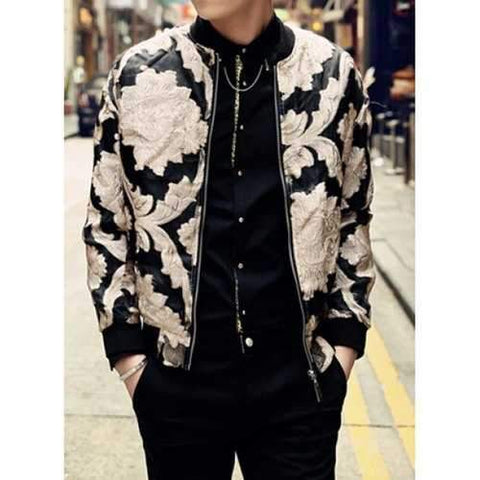 Fashion Stand Collar Golden Lace Flower Embellished Loose Fit Long Sleeves Men's Jacket - L