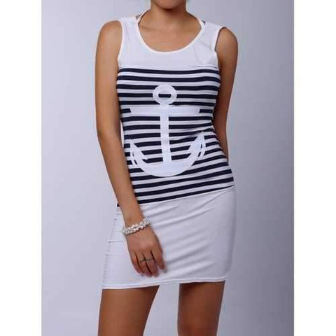 Casual Scoop Collar Sleeveless Striped Anchor Pattern Women's Dress - White M