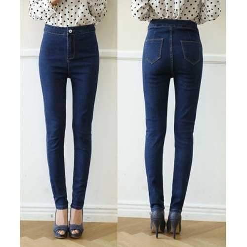 Stylish High Waist Solid Color Pencil Jeans For Women - Deep Blue 27