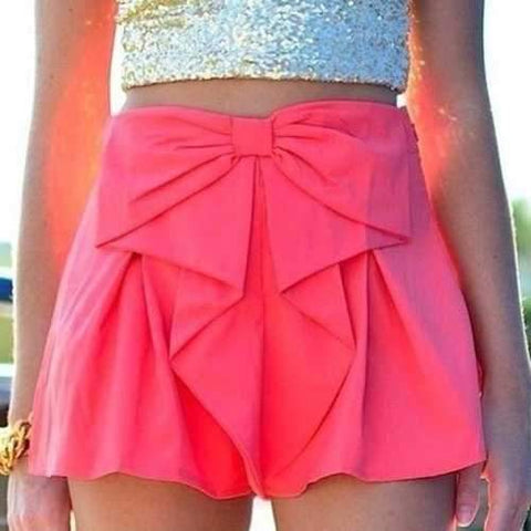 Stylish Elastic Waist Bowknot Embellished Chiffon Women's Shorts - Rose S