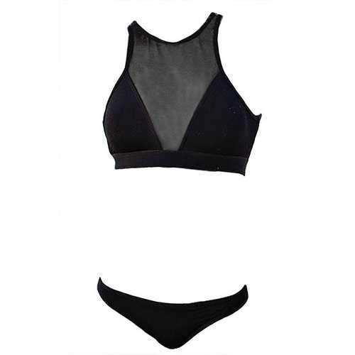 Sexy Round Neck Voile Splicing Backless Women's Bikini Set - Black M