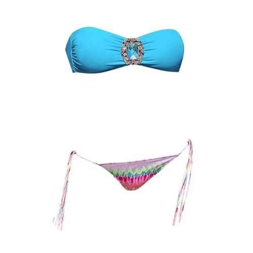 Sexy Strapless Print Rhinestone Lace-Up Women's Bikini Set - Blue M