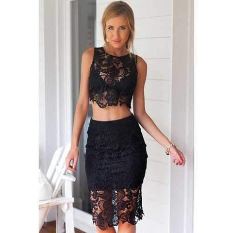 Sexy Style Jewel Neck Openwork Lace Sleeveless Tank Top + Solid Color Skirt For Women - Black Xl