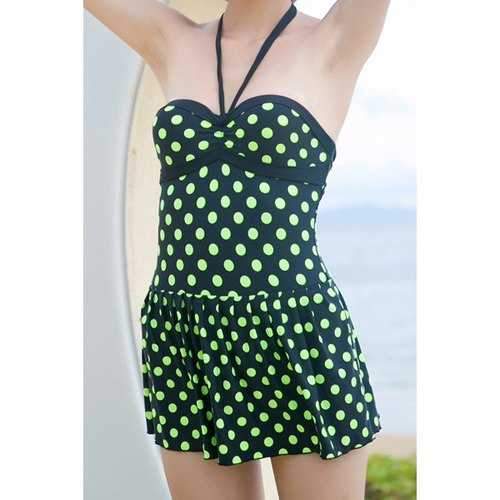 Stylish Halter Polka Dot Ruffled One-Piece Women's Swimwear - Celadon M