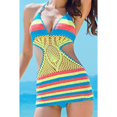 Stylish Halter Colorful Striped Crochet One-Piece Women's Swimwear - Stripe One Size(fit Size Xs To M)