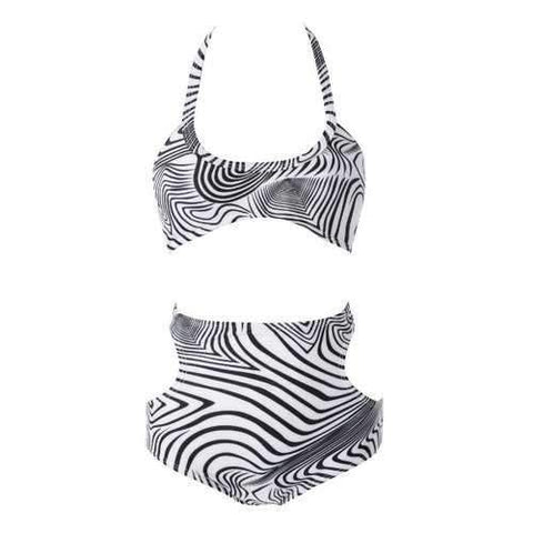 Sexy Spaghetti Straps Striped Print High Waisted Women's Bikini Set - White And Black L