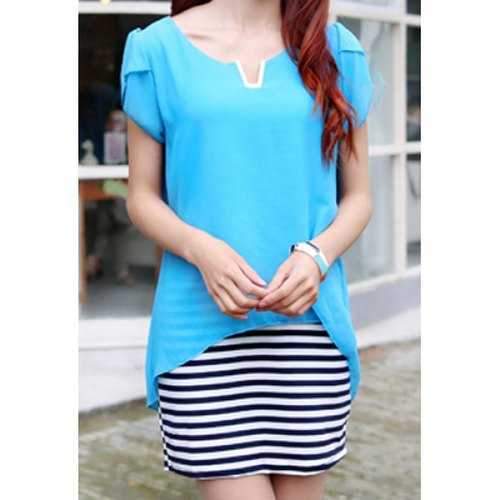 Casual Scoop Neck Stripe Spliced Short Sleeve Dress For Women - Azure S