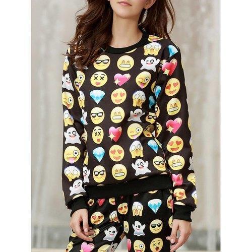 Fashionable Jewel Neck Emoji Print Long Sleeve Sweatshirt For Women - Black S