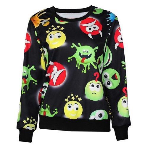 Stylish Round Neck Long Sleeve Printed Emoji Women's Sweatshirt - Black L