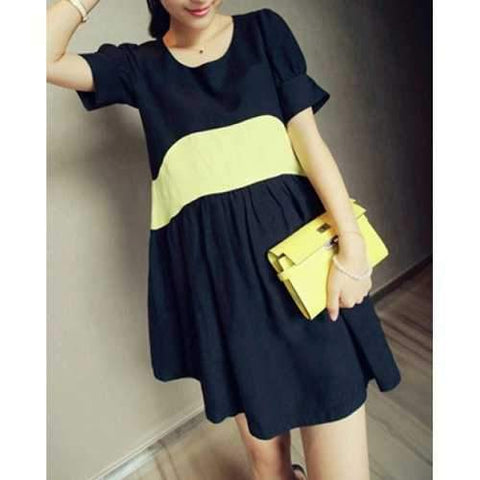 Casual Scoop Neck Color Block Short Sleeve Maternity Dress For Women - Cadetblue L