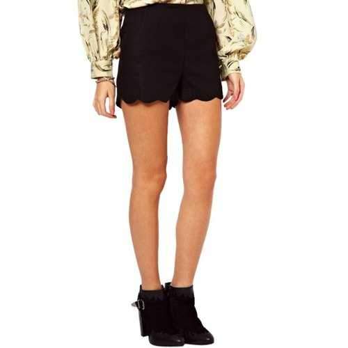 Stylish High Waisted Solid Color Wavy Hem Women's Shorts - Black S