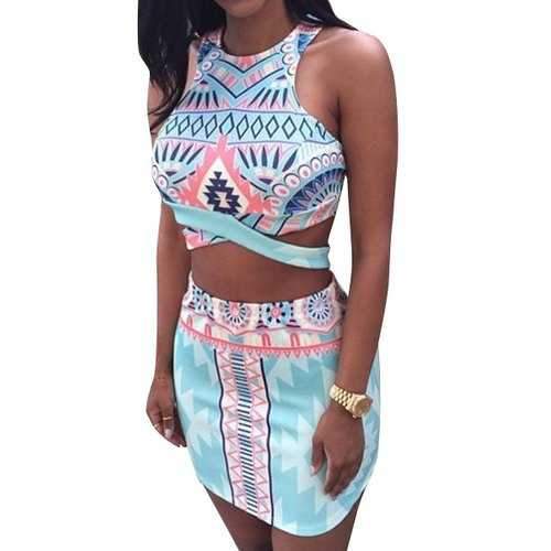 Sexy Sleeveless Argyle Print Crop Top and Bodycon Skirt Women's Suit - Light Blue M