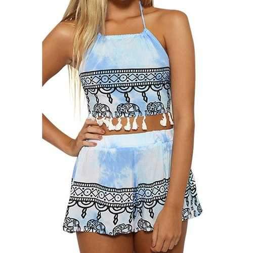 Fashionable Halter Tie-Up Elephant Print Tassel Tank Top + Shorts For Women - Azure L